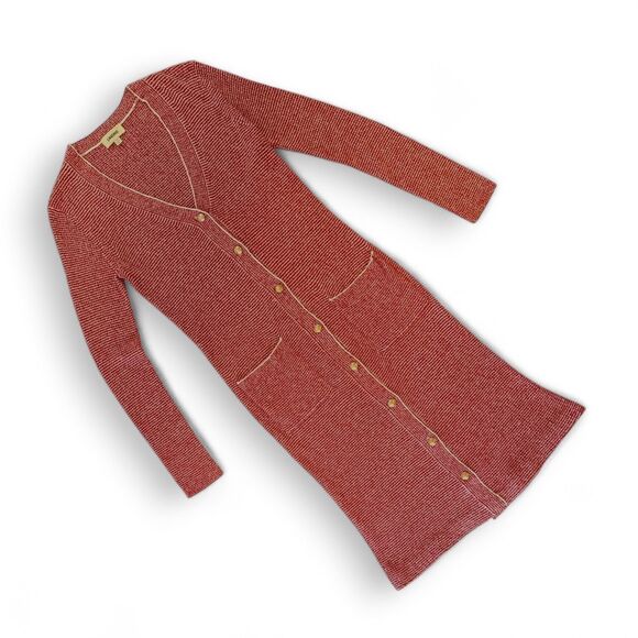 L’AGENCE Galena Long Button Front Knit Duster Cardigan Dress Red/White Wm Sm EUC - Picture 1 of 7